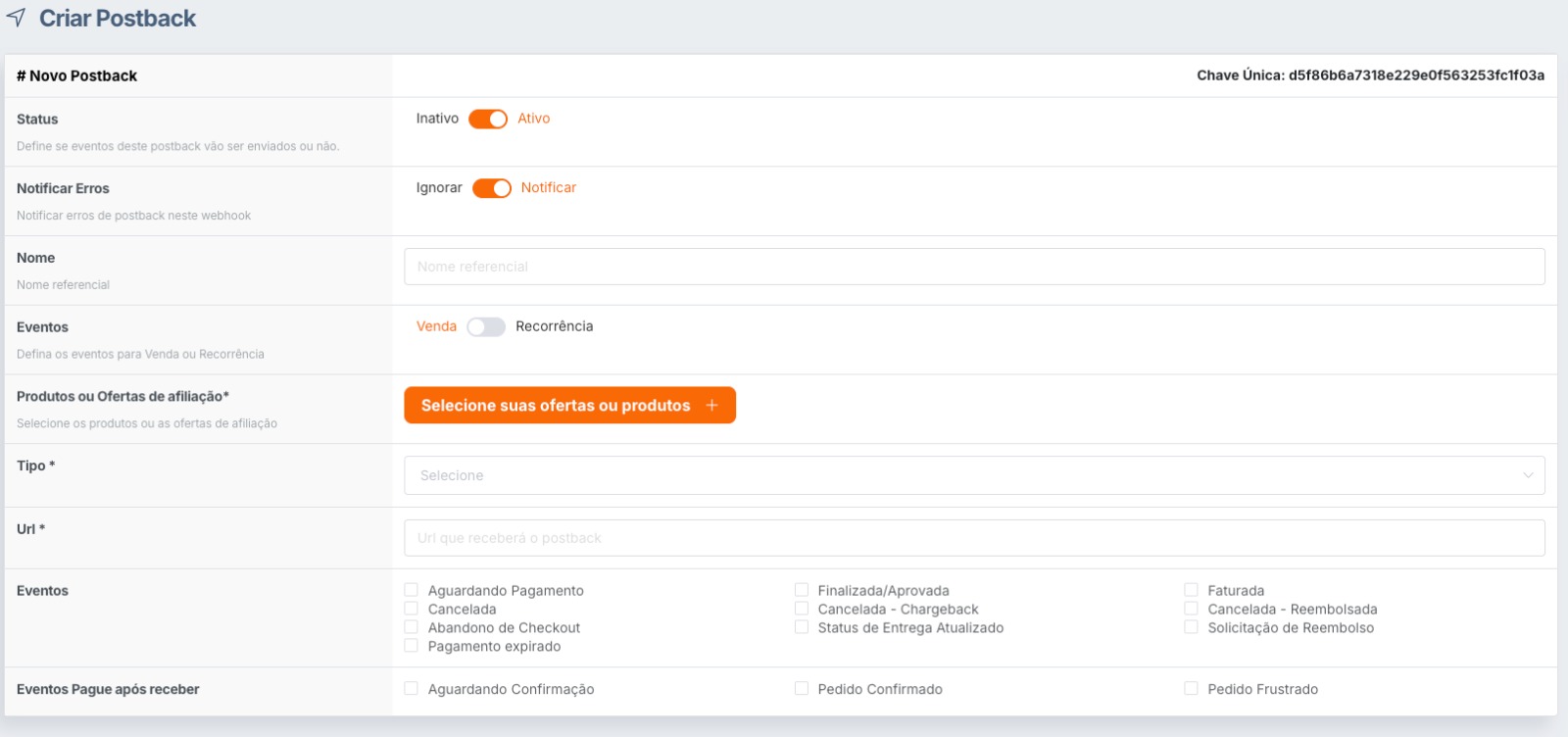 Formulário de criação do Postback