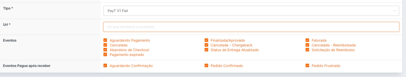 Configuração Tipo PayT V1 Flat, URL e Eventos