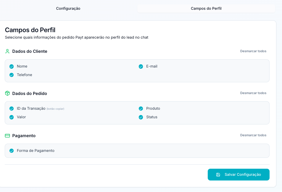 Campos do Perfil - selecione todos os campos